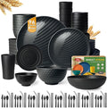 Teivio 96-Piece With Flatware Plastic Wheat Straw Dinnerware Set for 8 | Dinner/Dessert Plates, Cereal Fruit Bowls, Pasta Bowls, Cups, Unbreakable Dishwasher Safe Kitchen Outdoor RV Dish, Black