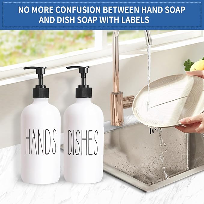COHOSEGE 16 Oz Glass Soap Dispenser Set 2 Pack for Kitchen Sink,Contains Hand and Dish Soap Dispenser,White Kitchen Utensils