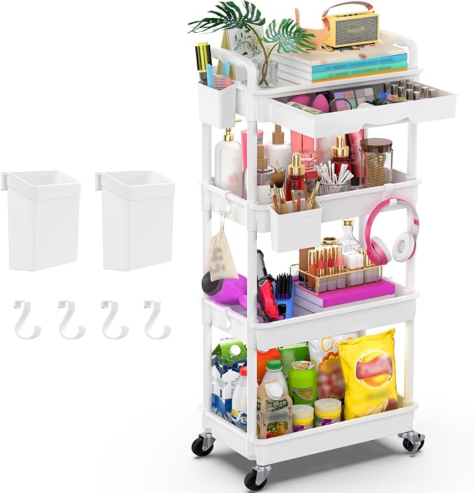 Goovilla 4 Tier Rolling Utility Cart Organizer with Removable Drawer, White | Stable and Sturdy Rolling Storage Carts with 2 Lockable Wheels for Bathroom, Kitchen, Snack, Craft, Makeup, Baby Essentials