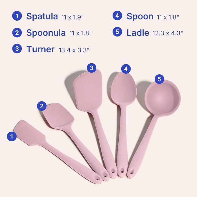 GIR 5-Piece Silicone Kitchen Utensils Set, Non-Toxic Cooking Utensils for Cooking and Baking, Heat Resistant, Food Grade, Dishwasher Safe Rubber Spatula, Ladle, Spoon - Rose