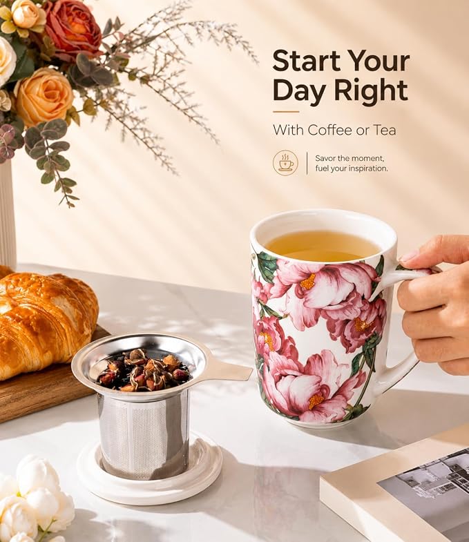 AmorArc Tea Cup With Infuser and Lid, 18oz Loose Leaf Tea Mug With Steeper | Porcelain Tea Mug With Infuser and Lid, Large Strainer Tea Cup with Lid for Tea, Coffee Mug for House-warming Birthday Gift