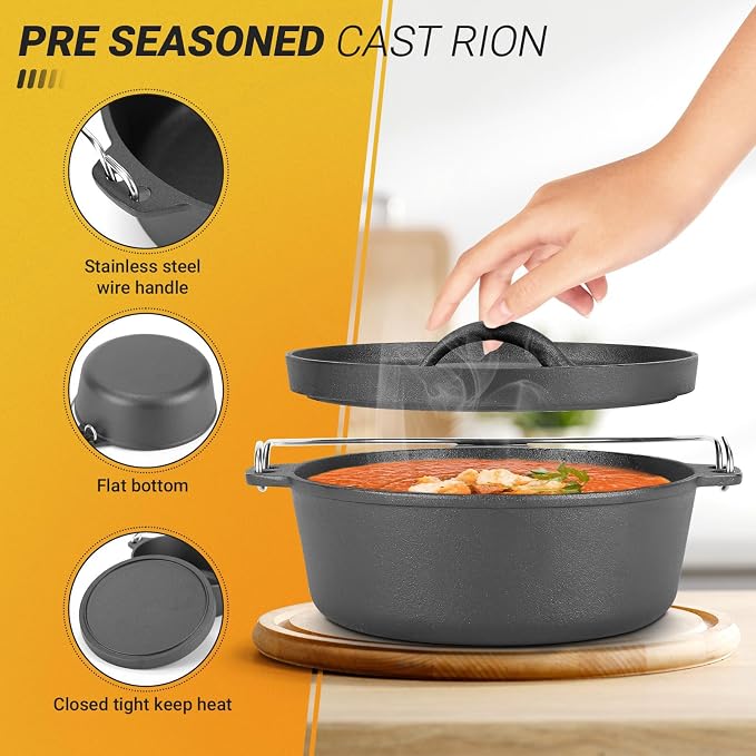 Northriver Casting Cast Iron Dutch Oven Pot with Lid, for Small Dishes, Side Dishes, Camping Cookware set, BBQ, Garlic Roaster, 1.5 Quart Pan