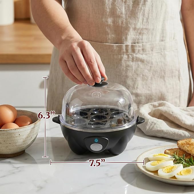Elite Gourmet EGC-007B Rapid Egg Cooker, 7-Egg Poacher/Omelet Maker, Black | Easy-to-peel hard, medium, or soft-boiled eggs - auto shut-off, alarm, 16-recipe booklet included