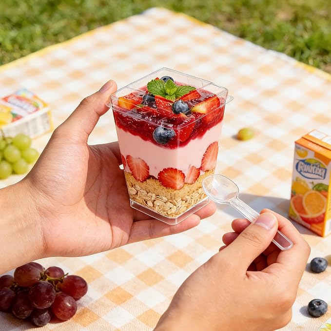 Ginkgo 100 Sets (300 Pieces) 5 oz Dessert Cups with Lids and Spoons | Sturdy & Food Safe, Clear Disposable Parfait Cups for Appetizer, Pudding, Jello, Mousse, Ice Cream, Party & Catering Supplies