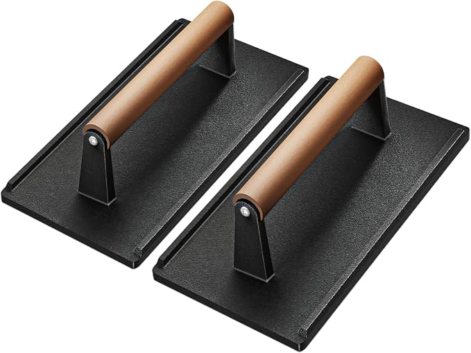 Yoehka Cast Iron Grill Press, 2Pcs Heavy Duty Bacon Press with Wood Handle | Cooking Weight, Griddle/Chef Press, Perfectly Grilled Burger/Steak/Meat/Sandwich/Panini, Rectangle