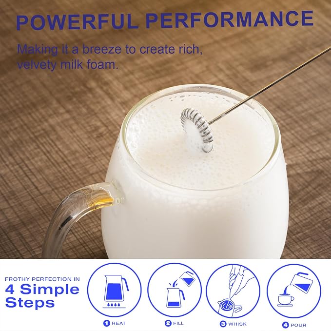 Blue Milk Frother Handheld | Standable No Stand Needed, Battery Operated, Detachable Whisk, Easy Clean, Compact Portable