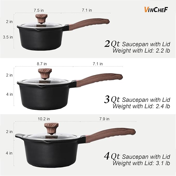 Vinchef 10PCS Sauce Pan Set with Lids, Nonstick, 2/3/4QT, Black | Includes silicone tools&pot protectors, PFAS/PFOA-free nonstick, dishwasher-safe, induction-compatible, stay-cool handles