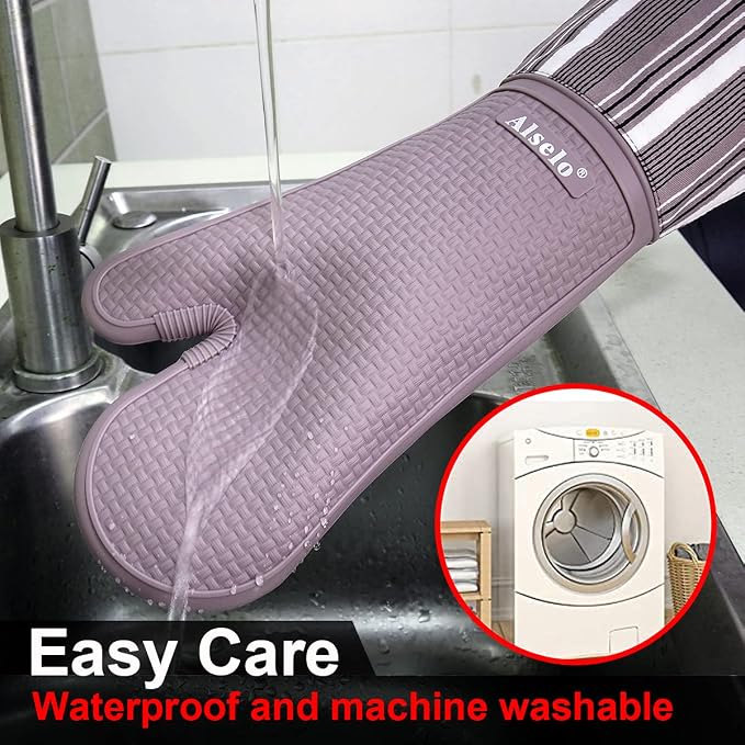Alselo Silicone Oven Mitts Set, Heat Resistant 550 Degree,7.5"x16" | Extra Long Kitchen Mittens,Waterproof & Non-Silp Oven gloves for Baking Cooking Barbecue Microwave (Extra Long Purple, 2)