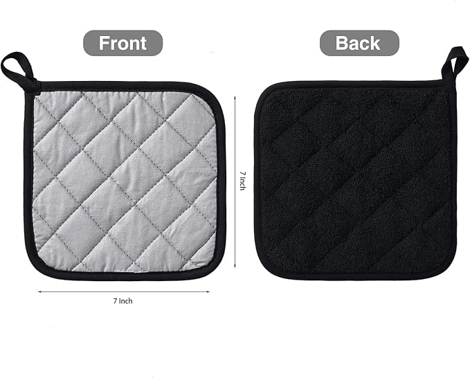 Kitchen Pot Holders Set Heat Resistant Pure Cotton Potholders Kit Trivets Large Coasters Hot Pads Terry Pot Holders for Everyday Cooking and Baking by 7 x 7 Inch Set of 4 Black
