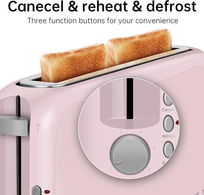 SEEDEEM 2 Slice Slim Toaster, 10" Long Slot, 6 Shade Settings, Pink | Long Slot, 6 Shade Settings, Cancel/Reheat/Defrost, Removable Crumb Tray