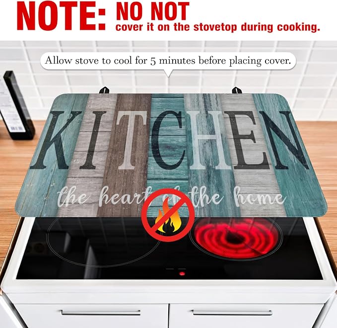 Farmhouse Stove Top Cover for Electric Stoves,Teal and Brown Wooden Farmhouse Turquoise Stove Top Cover for Kitchen Decor,Heat Resistant Cooktop Protector Mat,Non-Slip Washable Dish Drying Mat 28"x20"