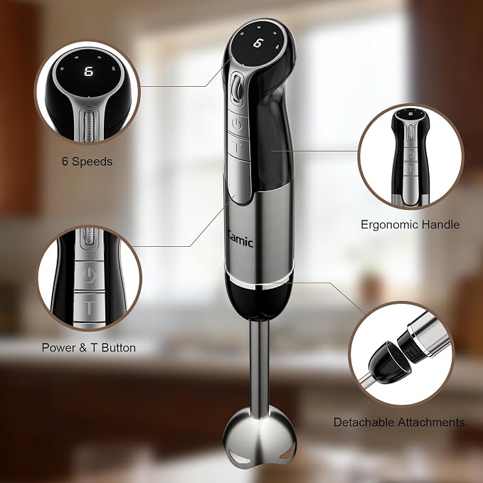 Camic Hand Blender, Cordless Immersion Blender with 6 Speeds, 4 in 1 Portable Mixer Electric Handheld Mixer with Blender, Chopper, Whisk, Frother for Soup, Smoothies, Baby Food and Puree (Black)