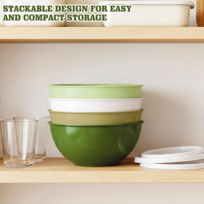 Greentainer 4-Piece Plastic Mixing Bowl Set with Lids for Kitchen, 67oz Lightweight Storage Bowls, Large Salad Bowls for Baking, Prepping, Cooking and Serving Food, Dishwasher & Microwave Safe
