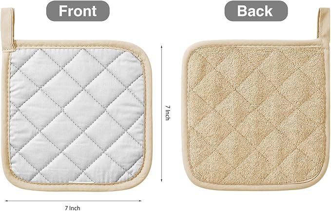 Kitchen Pot Holders Set Heat Resistant Pure Cotton Potholders Kit Trivets Large Coasters Hot Pads Terry Pot Holders for Everyday Cooking and Baking by 7 x 7 Inch (Cream)