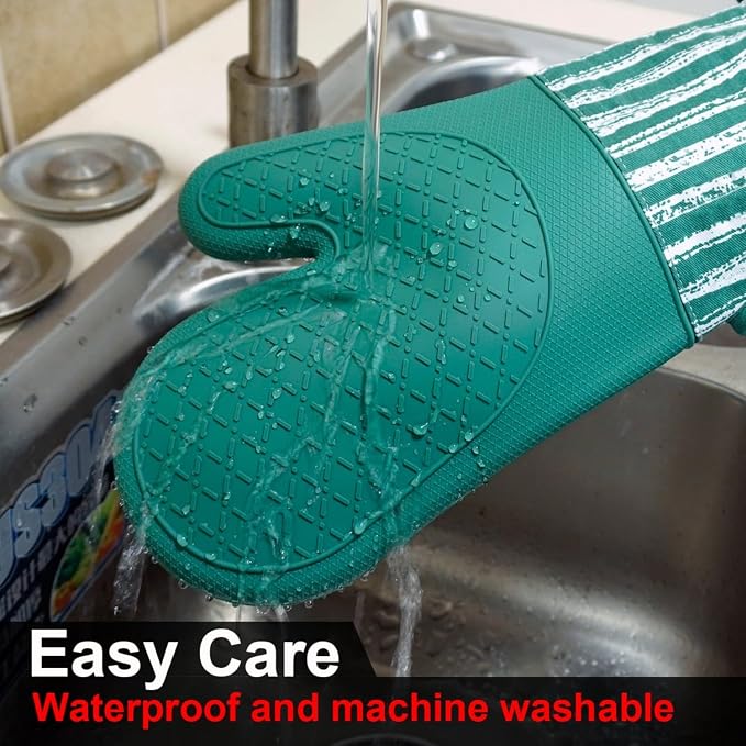 Alselo Silicone Oven Mitts Heat Resistant 932℉ with Waterproof & Non-Slip | Kitchen Mittens Set of 2,Extra Long 7.5"x15" Gloves with Soft Cotton Terry Lining for Baking Cooking BBQ (Emerald Green,2)