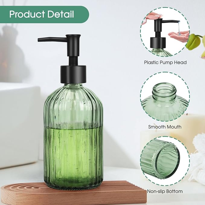 Topsky Glass Soap Dispenser with Black Plastic Pump, 400ml Army Green | Refillable Liquid Hand Soap Dispenser, Rustproof Pump for Kitchen & Bathroom, Great for Lotions, Essential Oil, Liquid Soaps