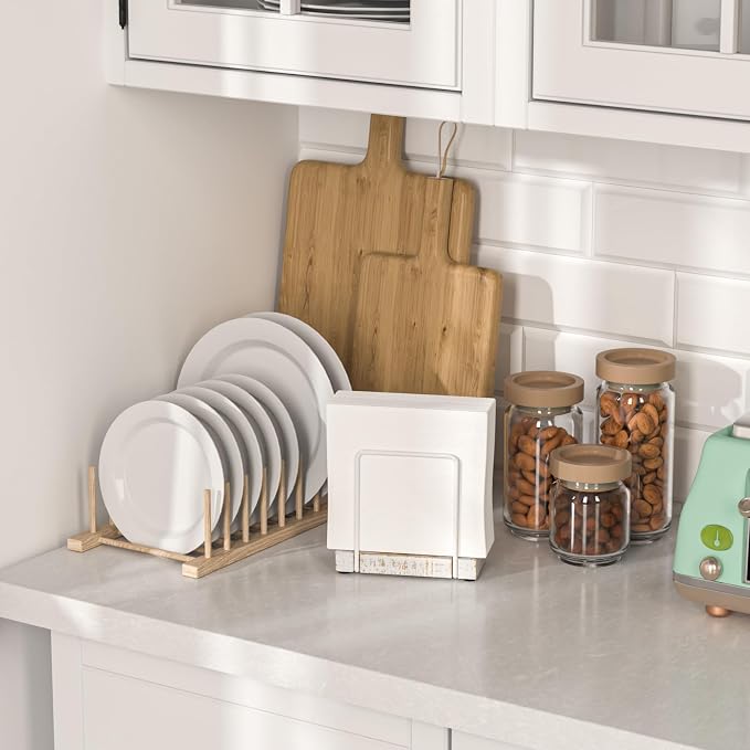 Wican Napkin Holder for Table, Wood Iron Standing Napkin Dispenser | Dining Table Farmhouse Cocktail Picnic Rustic Wood Holders, Suitable All Kitchen Dining Room Decor, White & Farmhouse White