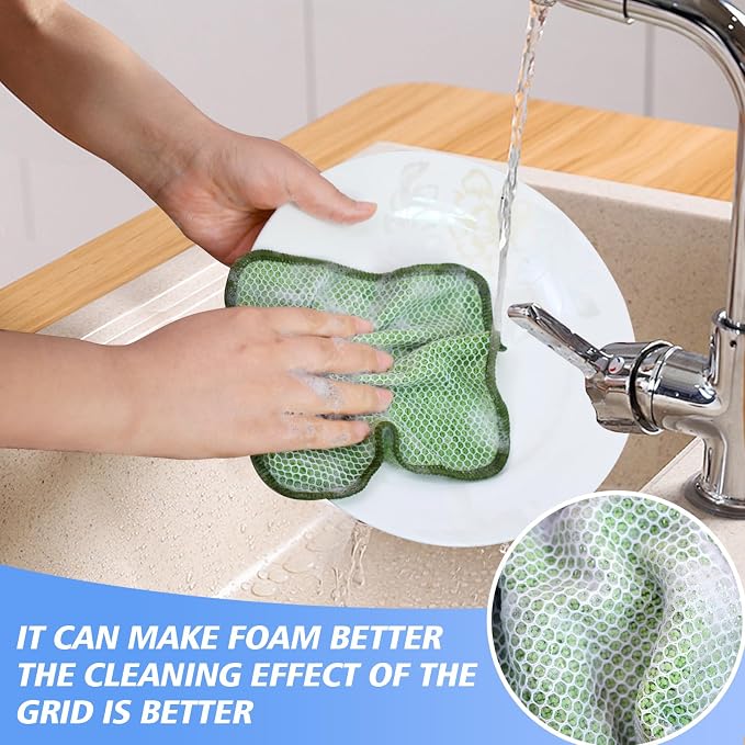 Dish Cloths for Washing Dishes with Scrub Side, Microfiber Dish Rags | Dual-sided microfiber dish cloths with scrubber for stuck-on food, quick dry kitchen washcloths 9 Pack, 7" x 7 Inch Green