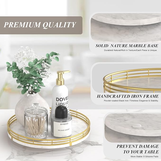 AMH 10-Inch White Marble Lazy Susan with Gold Frame | Smooth rotating oak tray with walnut finish for dining tables, kitchen counters, pantries and cabinet storage.