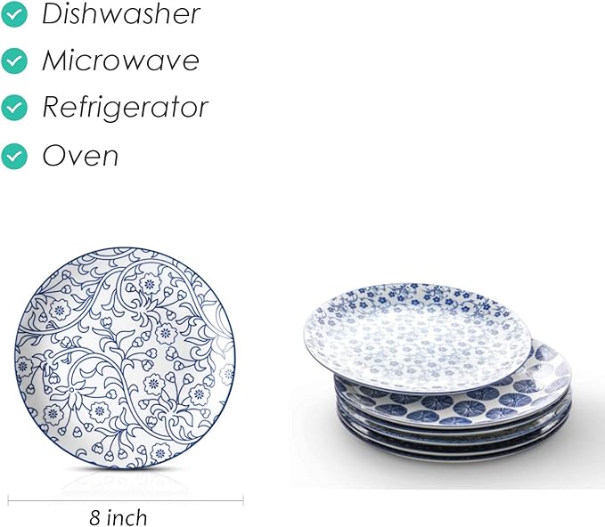 Selamica 8 inch Porcelain Dinner Plates, Large Size Serving Plate for Salad, Pancakes, Steak, Set of 6, Vintage Blue