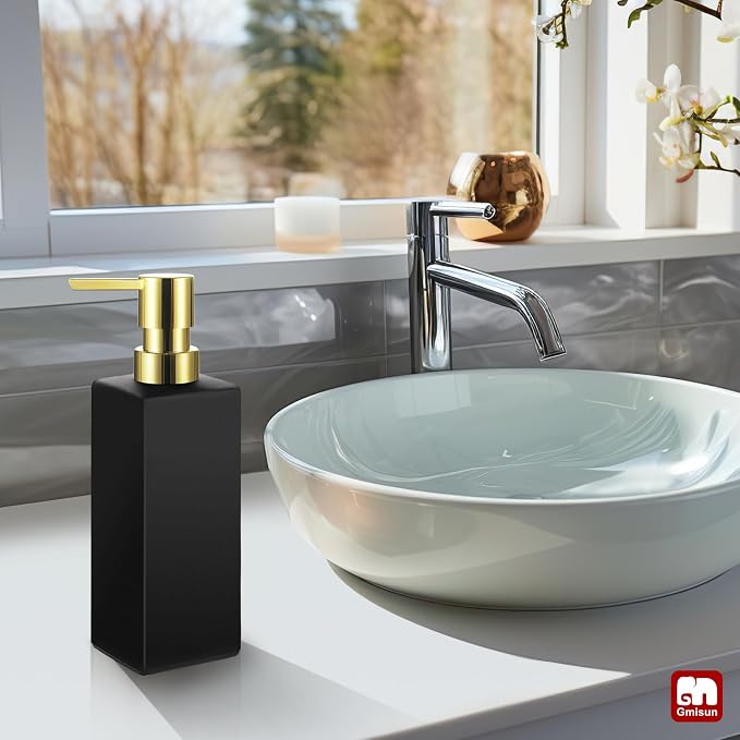 GMISUN Gold Hand Soap Dispenser, Black Glass Soap Dispenser with Gold Pump for Bathroom, 12 fl oz/350ml Refillable Dish Dispensers for Kitchen, Modern Liquid Lotion Bottles for Countertop