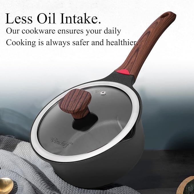 Vinchef 2QT Nonstick Sauce Pan with Lid, Ceramic Coating | German 3C+ reinforced ceramic stays nonstick longer, scratch-resistant, stay-cool handle, works on induction, easy to clean