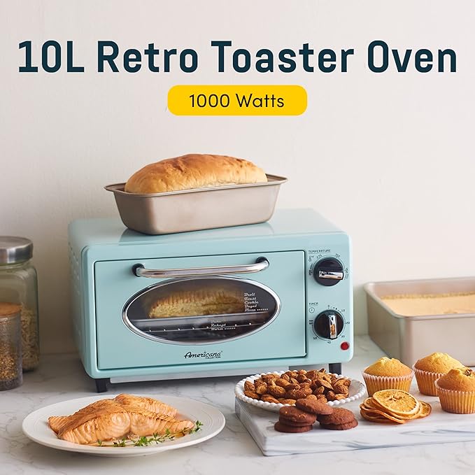 Elite Gourmet ETO147M Retro Diner Toaster Oven, Fits 8" Pizza, 1000W, Mint | 60-Min Adjustable Timer & Temp Control, Bake & Toast functions, 2-Slice, Countertop Design, Americana Collection
