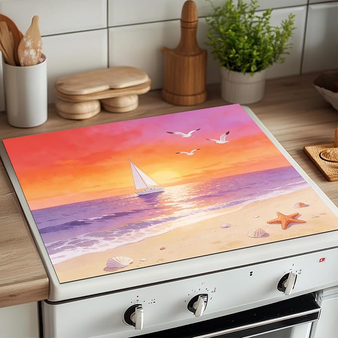 HOMETITUTE Summer Stove Top Covers for Electric Stove 28x20 Inches Sunset Sailboat Beach Heat Resistant Glass Cooktop Protector Pad Decorative Stovetop Cover for Kitchen Coffee Bar Decor
