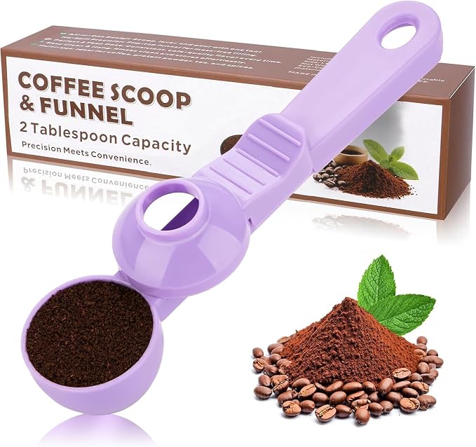 2-in-1 Coffee Scoop with Funnel, 2 Tbsp Measuring Spoon for Reusable K Cups, Ground Coffee, Protein Powder & Tea, Mess-Free Plastic Design（Light Purple-1pack）