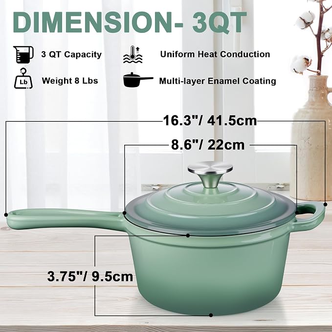 Leonyo 3 Quart Cast Iron Saucepan, Kitchen Cookware Pot, Pistachio Green | For Kitchen Induction Boiling Soup, Bread, Pasta - Up to 500°F & 8Lbs