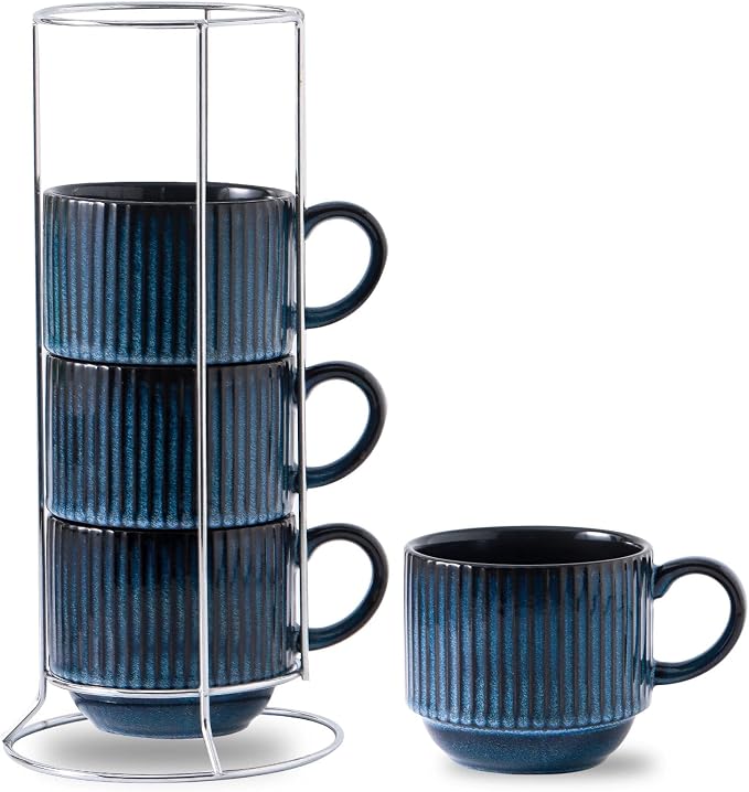 HASENSE 15 Oz Ribbed Stackable Coffee Mug Set of 4, Ceramic Latte Cups with Metal Stand, Dishwasher & Microwave Safe, Navy Blue for Cappuccino Tea Hot Cocoa