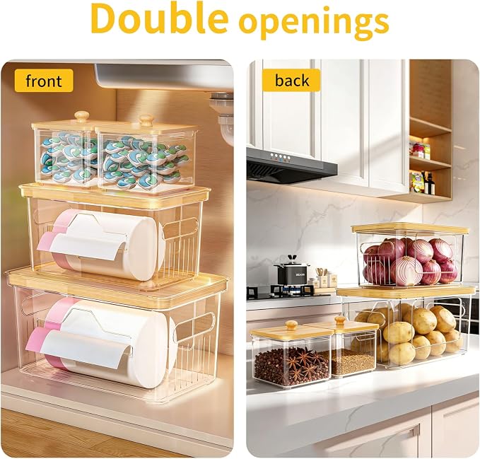 FELIZHOUSE 4 Pack Trash Bag Holder with Bamboo Lid, Stackable Garbage Bag Dispenser Under Sink, Storage Organizer for Kitchen, Laundry, Pantry (S+S+M+L)