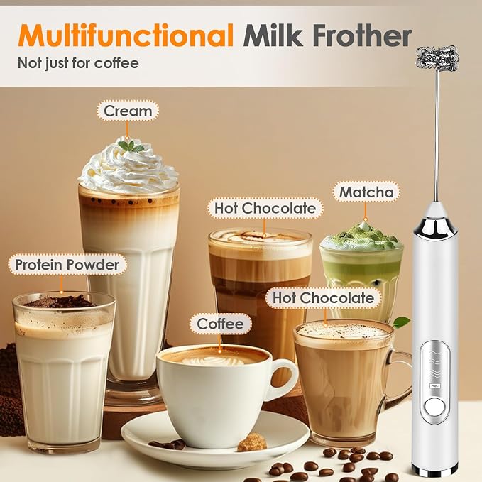 Milk Frother Handheld, Rechargeable Coffee Frother Wand, Drink Mixer, White | Electric Foam Maker with 2 Stainless Whisks 3 Speeds, Hand Mixer for Lattes, Cappuccino, Matcha, Egg
