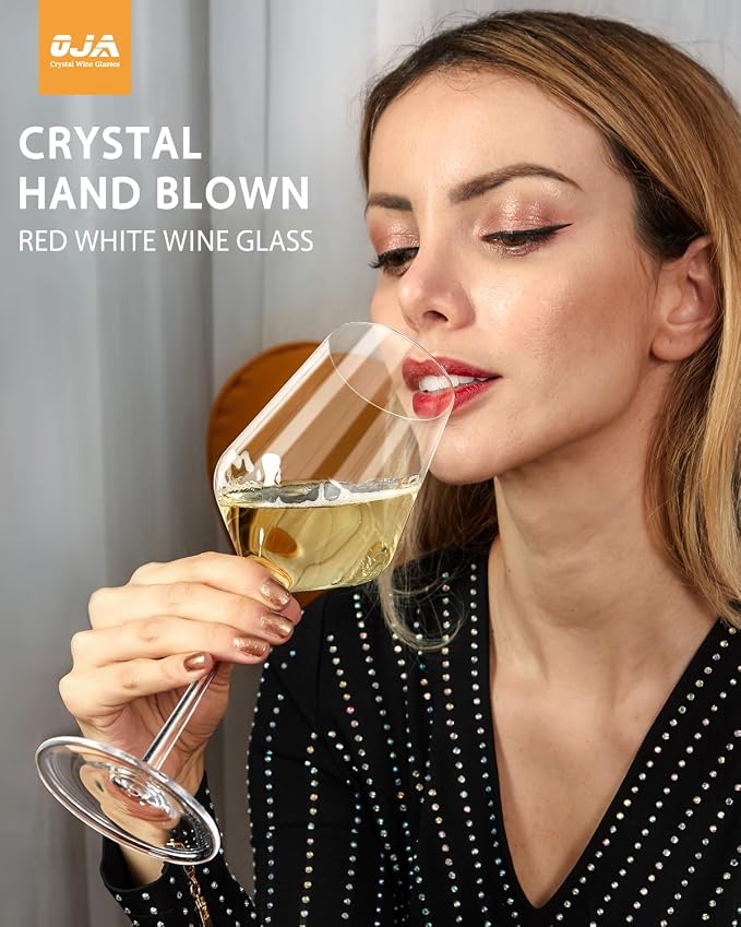 OJA Wine Glasses Set, Crystal Red Hand Blown Wine Glass, Set of 4, 15 oz | Long Stem, Thin Rim, Premium, Perfect for Red or White, Daily Use, Unique Wedding Anniversary or Birthday Gift