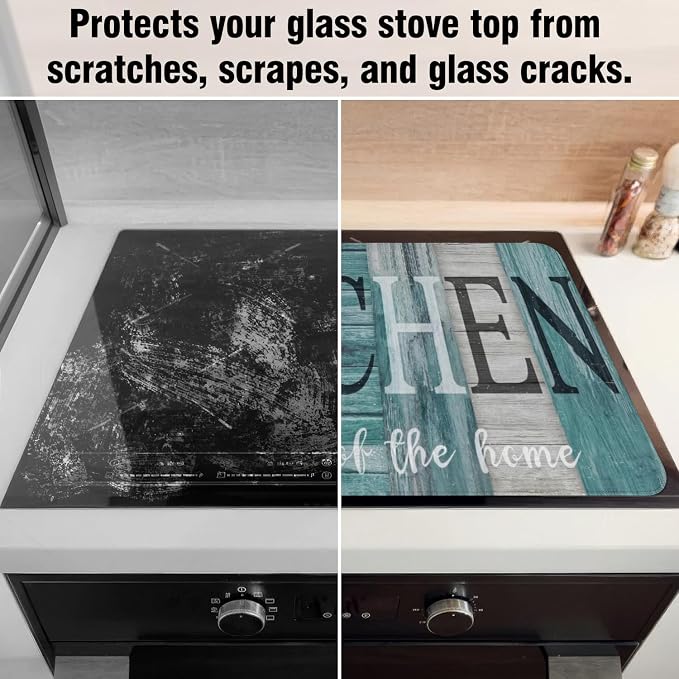Farmhouse Stove Top Cover for Electric Stoves,Teal and Brown Wooden Farmhouse Turquoise Stove Top Cover for Kitchen Decor,Heat Resistant Cooktop Protector Mat,Non-Slip Washable Dish Drying Mat 28"x20"