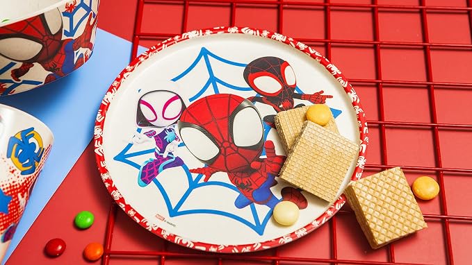 Zak Designs Marvel Spider-Man Dinnerware Set for Kids Includes 8" Plate, 6" Bowl, and 10oz Tumbler, Durable and Sustainable Melamine Bamboo Material (3-Piece Set, Spidey and His Amazing Friends)