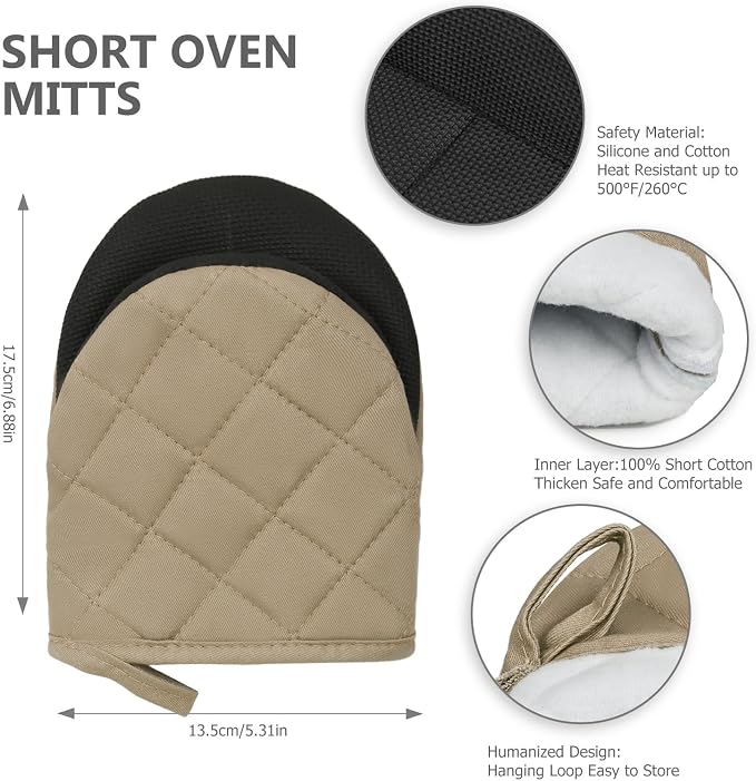 Goldmeet Mini Oven Mitts 2-Pack, 7"x5.5", 500°F Silicone Grip, Light Brown | Non-Slip, Heat Resistant, Machine Washable, Hanging Loop, Fits Small Hands, for Baking Grilling BBQ Cooking