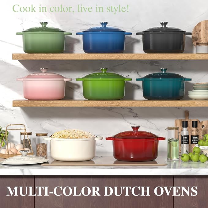 Umite Chef Enameled Cast Iron Dutch Oven-7QT Pot with Lid Cookbook & Cotton, Heavy-Duty Cookware for for Bread Baking, Braising, Stews, Marinate, Cook(Sage Green)