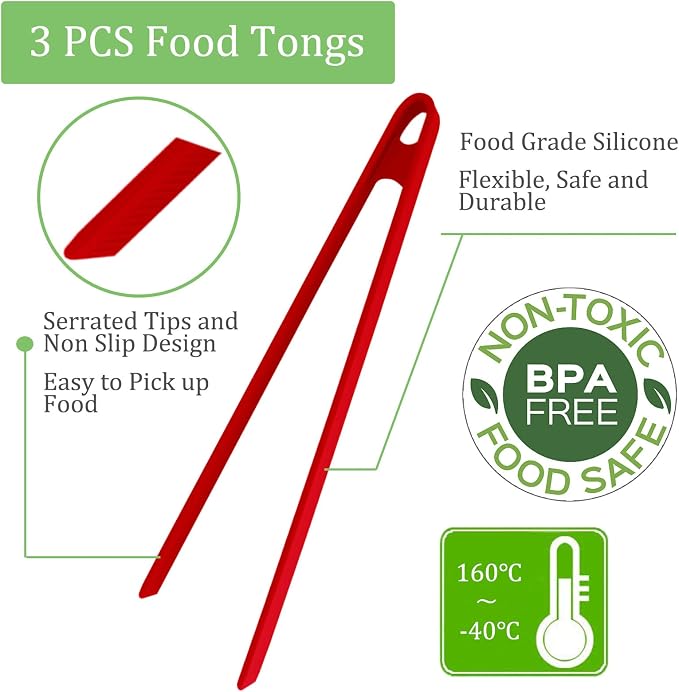 3PCS Silicone Toast Tongs, Trivet Tongs for Cooking, 11.8Inch Silicone Kitchen Tong with Anti-slip Design, Long BBQ Grilling Tong for Toaster, Pan Fried Steak, Barbecue and Salad by Sunenlyst