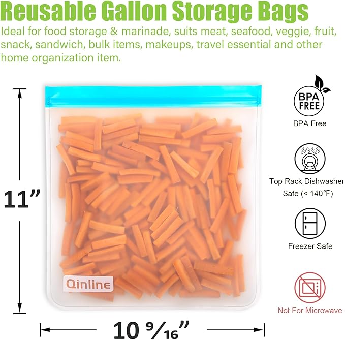 Reusable Gallon Food Storage Bags - 10 Pack Extra Thick Gallon Freezer Leakproof Plastic Free Lunch Bag