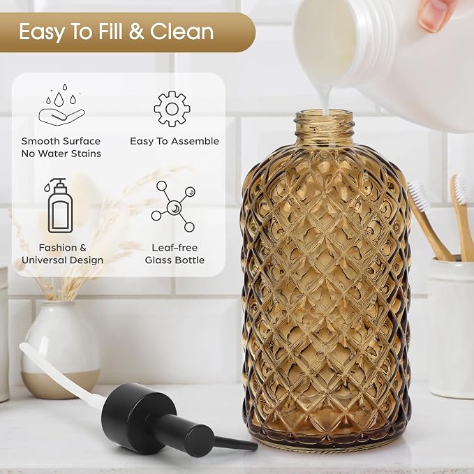 Topsky Gem Glass Soap Dispenser with Black Plastic Pump, 13oz Liquid Hand Soap Dispenser, Rustproof Pump for Kitchen & Bathroom, Great for Lotions, Essential Oil, Liquid Soaps-Amber