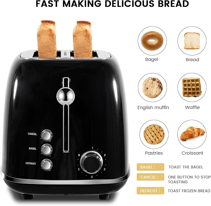Roter Mond 2 Slice Toaster Retro Stainless Steel with Bagel, Cancel, and Defrost Functions, 6 Bread Shade Settings, Extra Wide Slots and Removable Crumb Tray, Black
