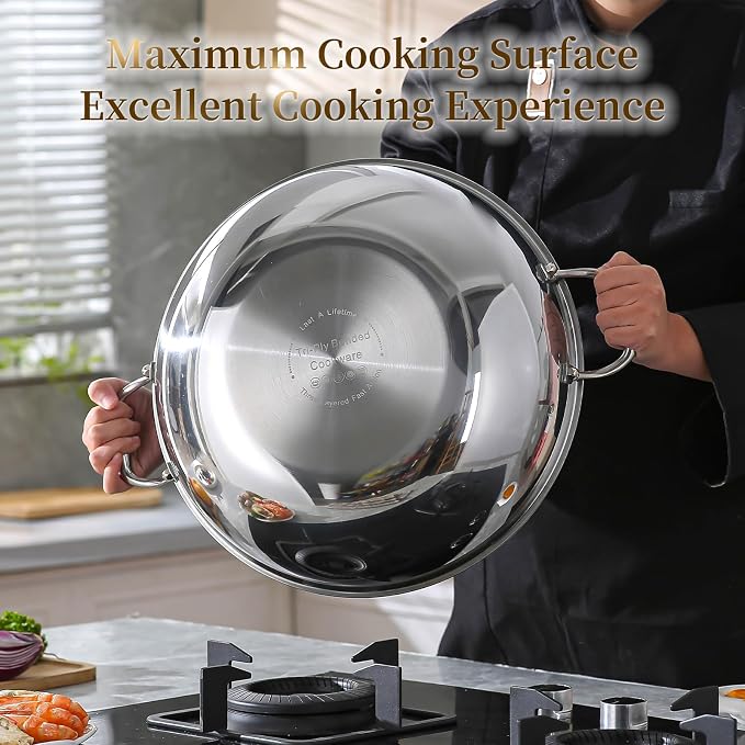 DELARLO Tri-Ply Stainless Steel Wok Pan with Lid 14inch, Healthy Non-Toxic Flat Bottom Induction Wok, Stir Fry Pan for Glass Top Stove Up to 600℉(Not Including Lid