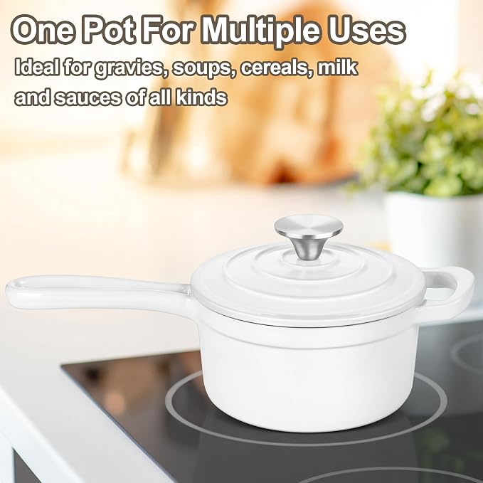 Leonyo 3 Quart Enameled Cast Iron Sauce Pan, Kitchen Induction Pot, White | For All Cooktops Cooking Pasta, Milk, Soup- Up to 500°F & 8Lbs