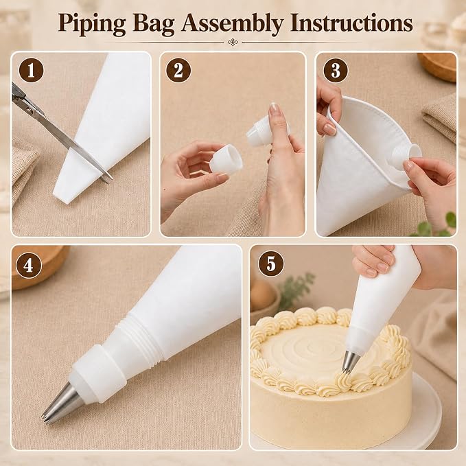 Reusable Piping Bags And Tips Set, 2 16-Inch Cotton Bags, 7 Tips | Stainless Steel Nozzles, 3 Silicone Ties, 2 Piping Tip Couplers, 3 Blue Scrapers, White Cleaning Brush, Piping Tip Guide