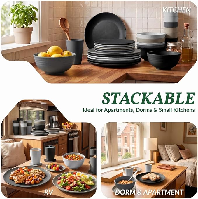 40 PCS Kitchen Plates and Bowls Sets for 8 Wheat Straw Dinnerware Sets Microwave and Dishwasher Safe Camping Dish Set Plate Set, Kids, Reusable, Unbreakable, Lightweight-BlackGrey