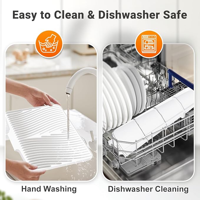Silicone Dish Drying Mat for Kitchen counter | 15.8"x13" Dish Drainer Mat,Heat-Resistant Kitchen Counter Mat & Over-Sink Drying Tray,Can Be Hung, Ivory
