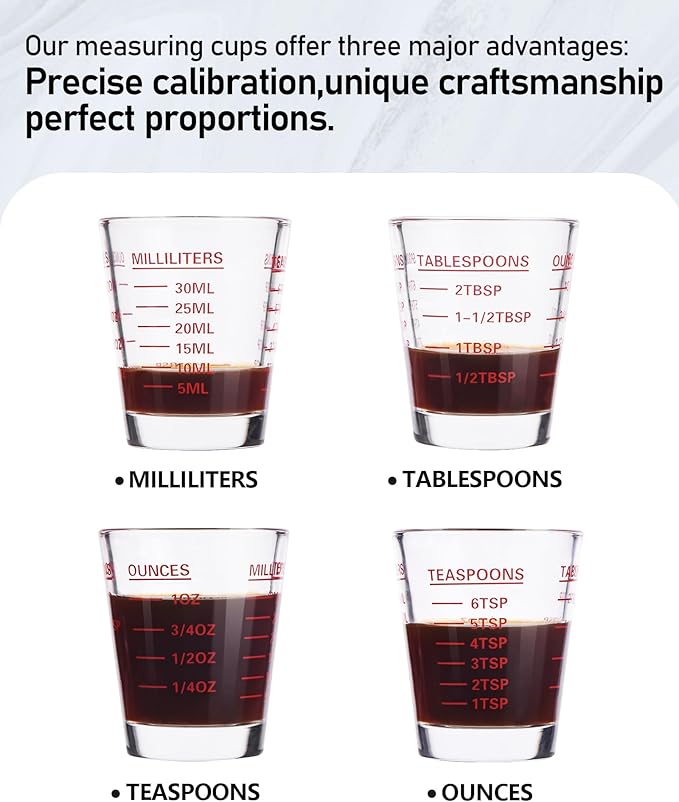 SAIAOKJ Shot Glass Measuring Cup Set, 6 Pack Espresso Shot Glasses (Red) | Glass measuring cups feature 26 markings up to 1 OZ, 2 TBS, 6 TSP, 30 ML for espresso, liquor, medicine and recipes