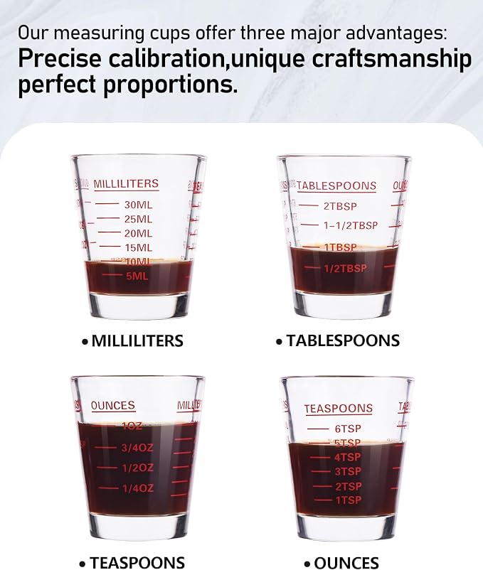 SAIAOKJ Shot Glass Measuring Cup Set, 4 Pack Espresso Shot Glasses (Red) | Glass measuring cups feature 26 markings up to 1 OZ, 2 TBS, 6 TSP, 30 ML for espresso, liquor, medicine and recipes