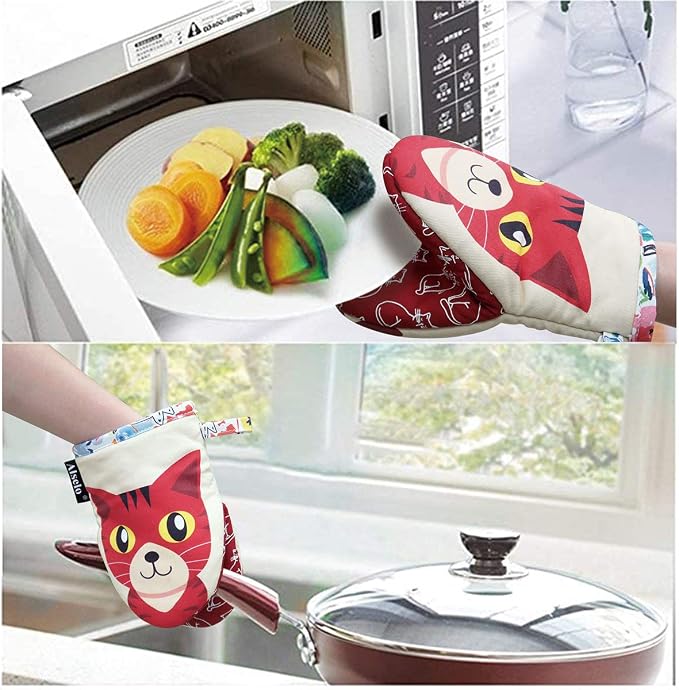 Alselo Mini Oven Mitts 2-Pack Set,Silicone Little Kitchen Gloves | Heat Resistant with Non-Slip Grip and Soft Quilted Cotton Lining for Safe Backing Cooking Barbecue (Red, 2)